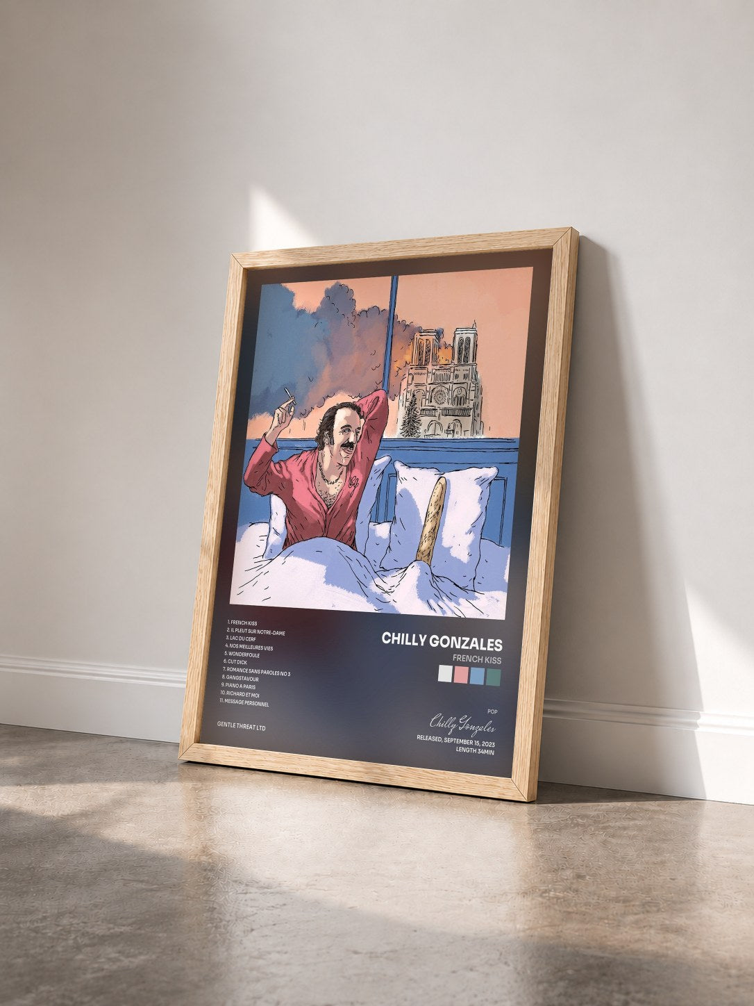 #bois Tableau de l'album French Kiss de Chilly Gonzales vu de trois quarts, cadre en bois brut
