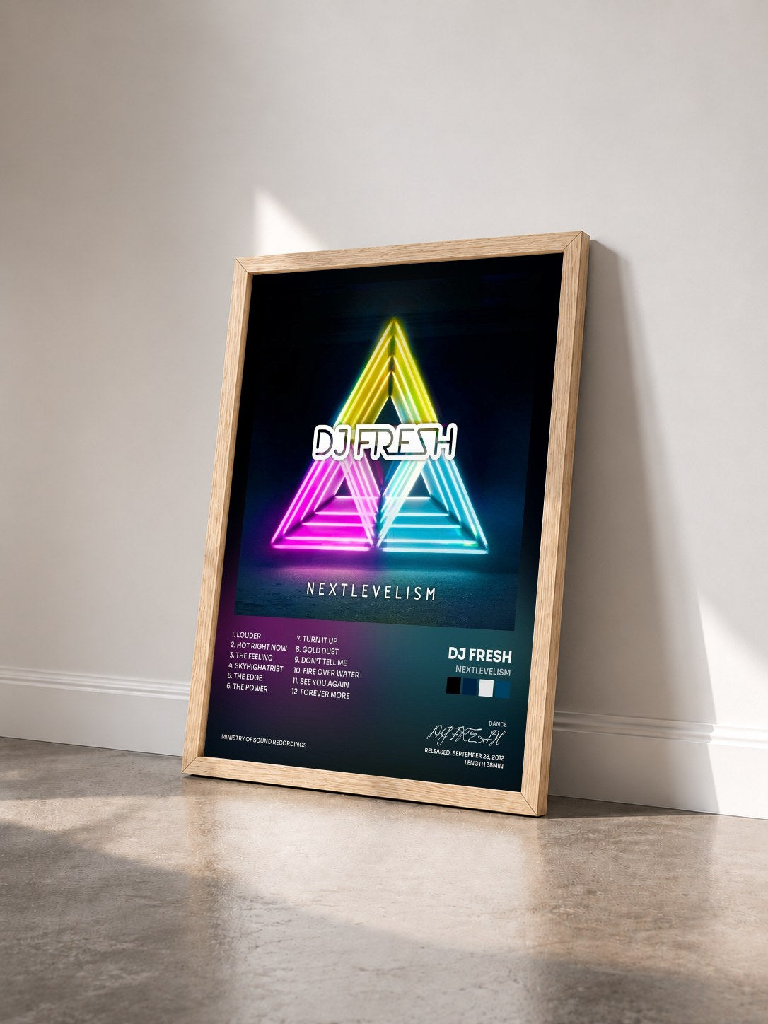 #bois Tableau de l'album Nextlevelism de DJ FRESH vu de trois quarts, cadre en bois brut