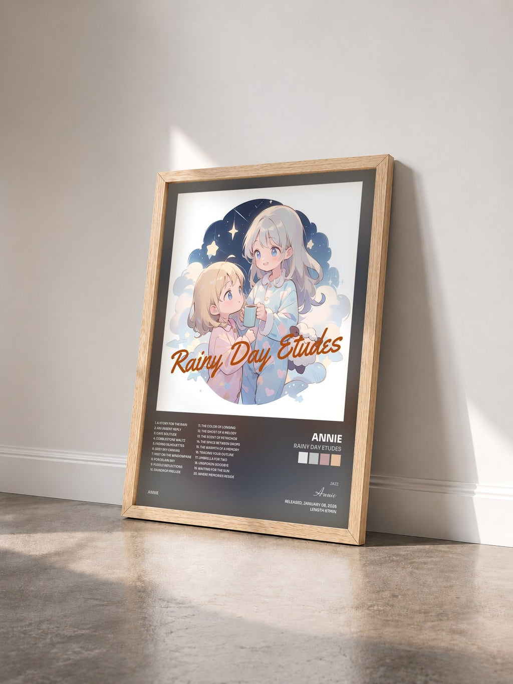 #bois Tableau de l'album Rainy Day Etudes de Annie vu de trois quarts, cadre en bois brut