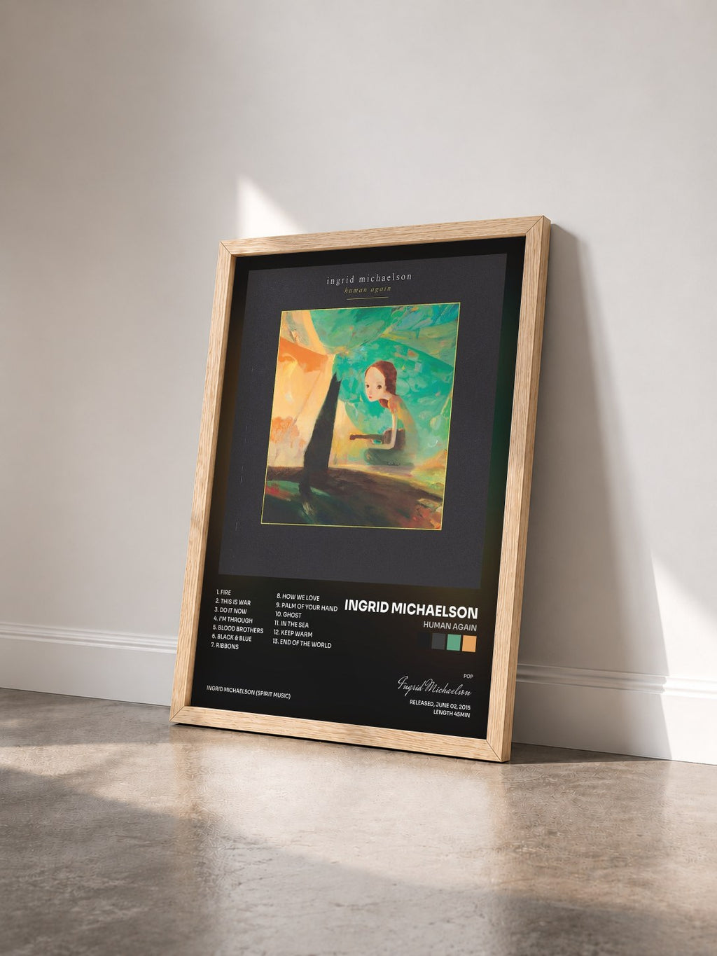 #bois Tableau de l'album Human Again de Ingrid Michaelson vu de trois quarts, cadre en bois brut