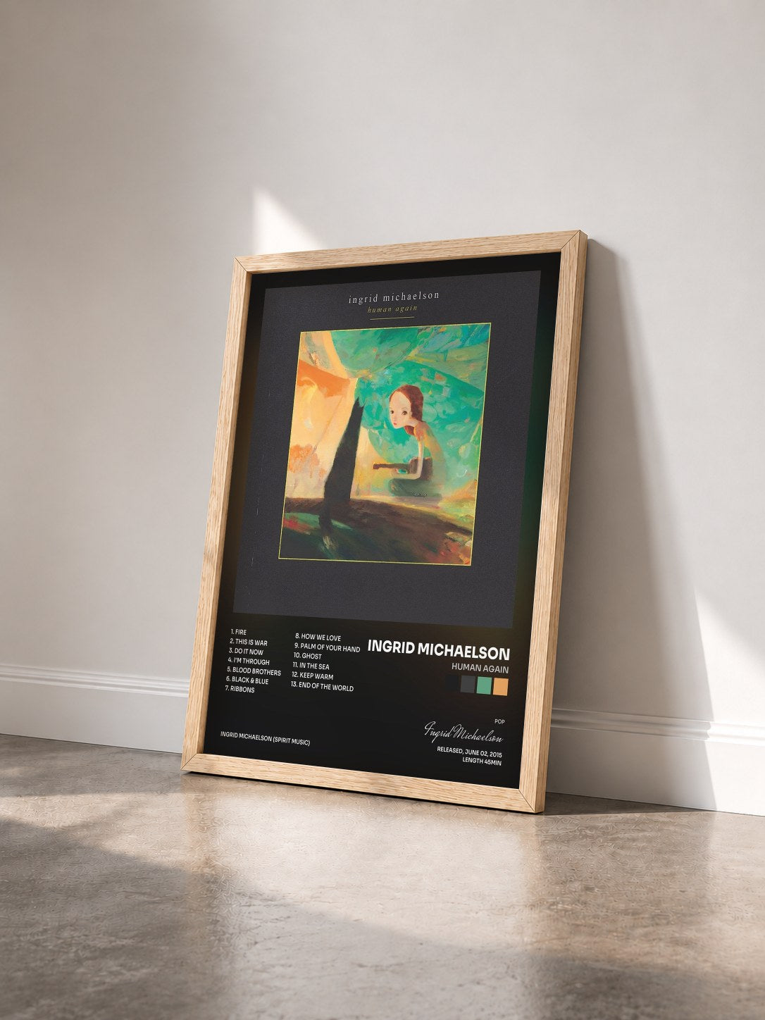 #bois Tableau de l'album Human Again de Ingrid Michaelson vu de trois quarts, cadre en bois brut