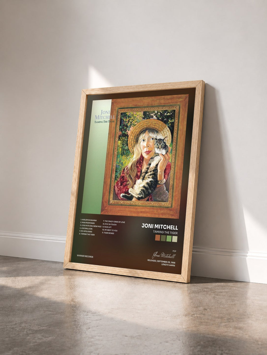 #bois Tableau de l'album Taming the Tiger de Joni Mitchell vu de trois quarts, cadre en bois brut