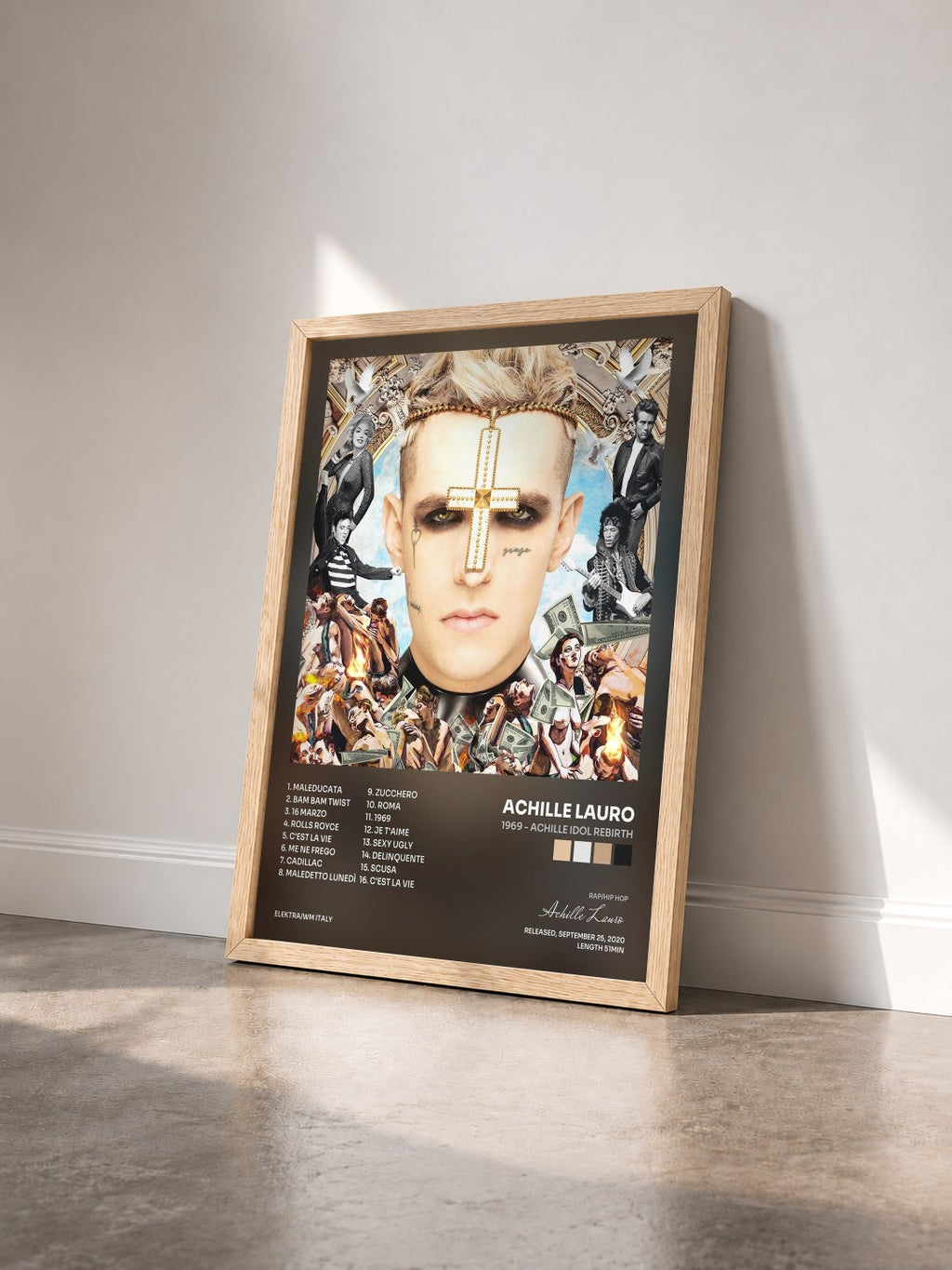 #bois Tableau de l'album 1969 - Achille Idol Rebirth de Achille Lauro vu de trois quarts, cadre en bois brut