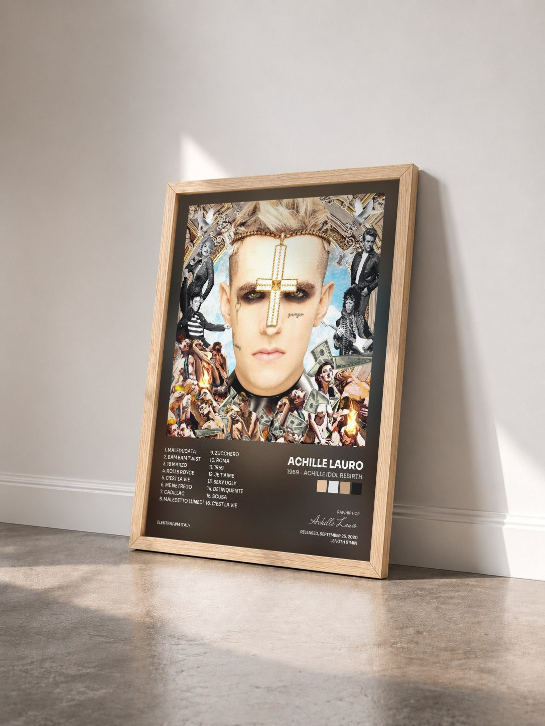 #bois Tableau de l'album 1969 - Achille Idol Rebirth de Achille Lauro vu de trois quarts, cadre en bois brut