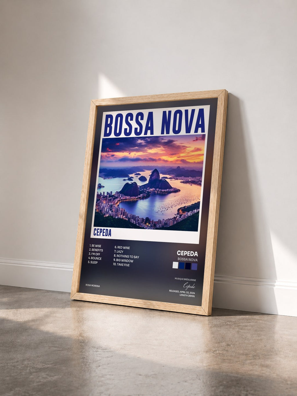 #bois Tableau de l'album Bossa Nova de Cepeda vu de trois quarts, cadre en bois brut