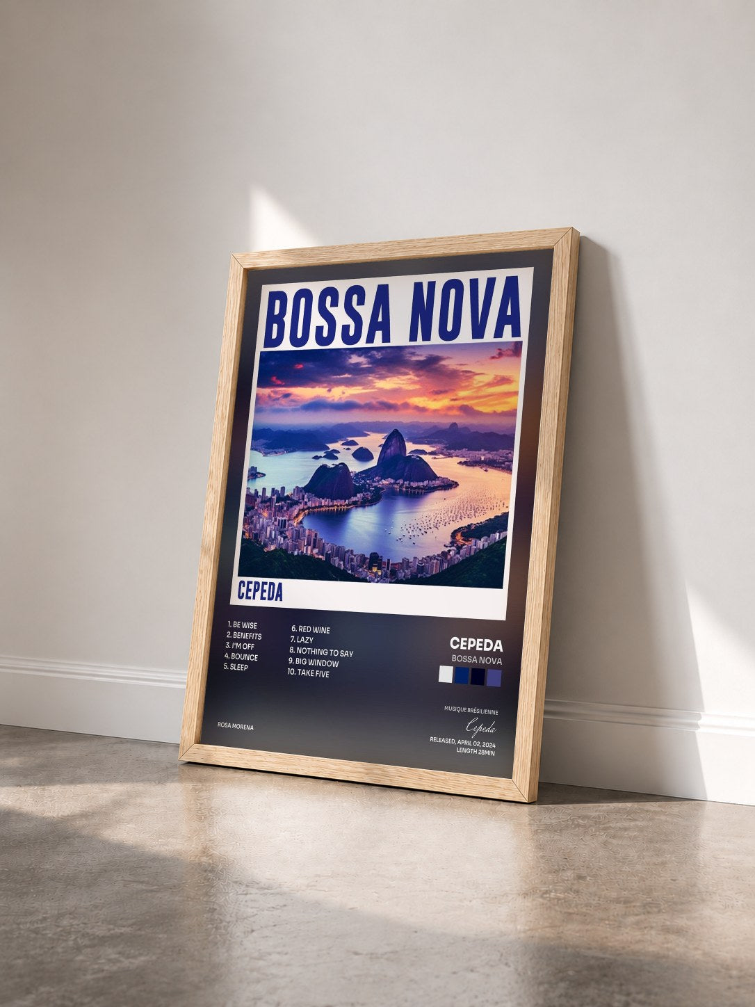 #bois Tableau de l'album Bossa Nova de Cepeda vu de trois quarts, cadre en bois brut