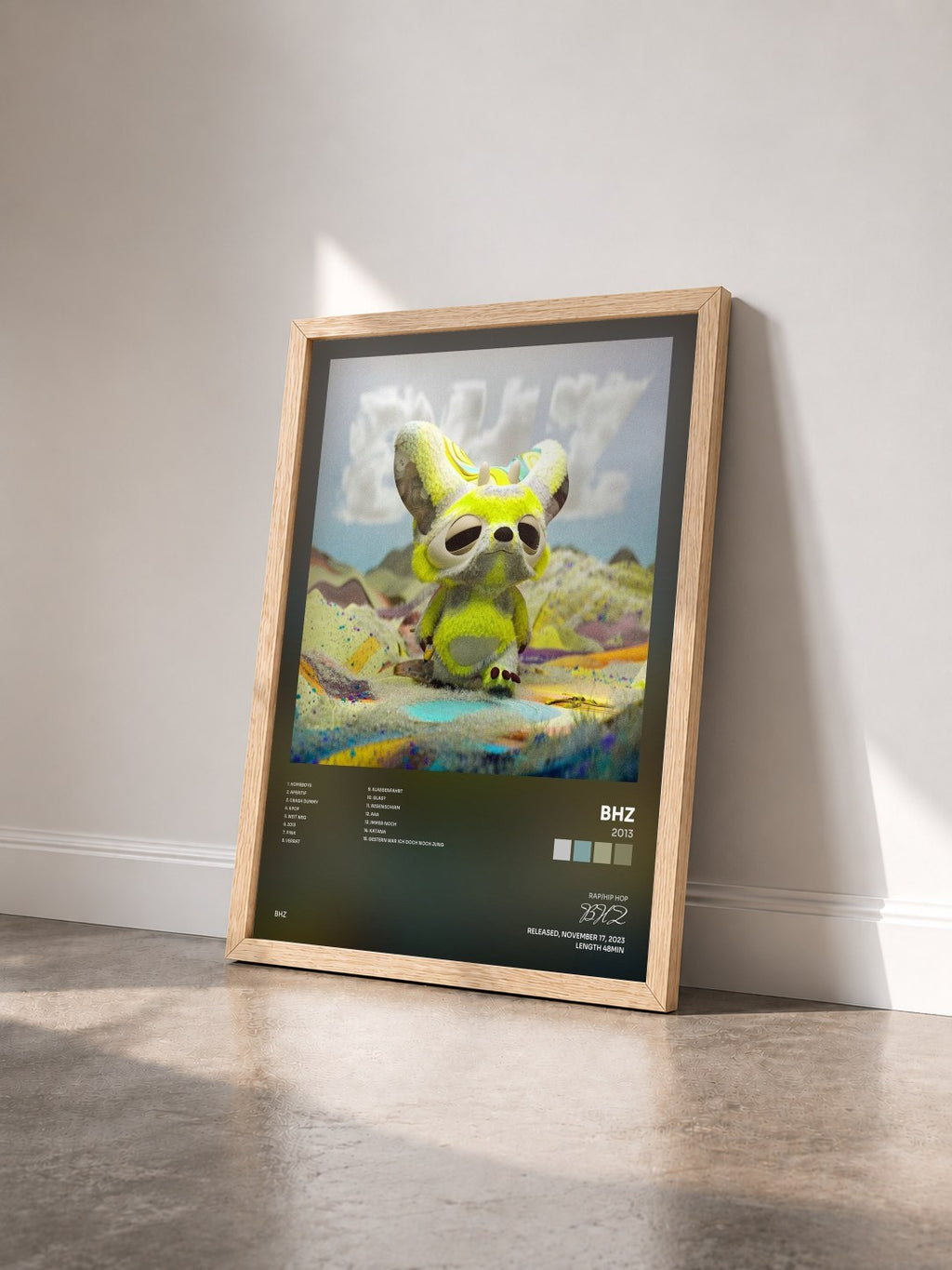 #bois Tableau de l'album 2013 de BHZ vu de trois quarts, cadre en bois brut