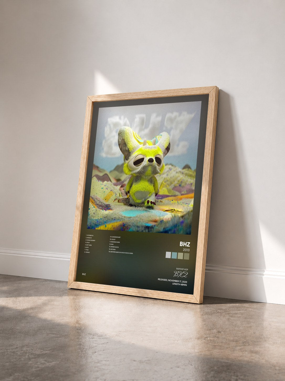 #bois Tableau de l'album 2013 de BHZ vu de trois quarts, cadre en bois brut