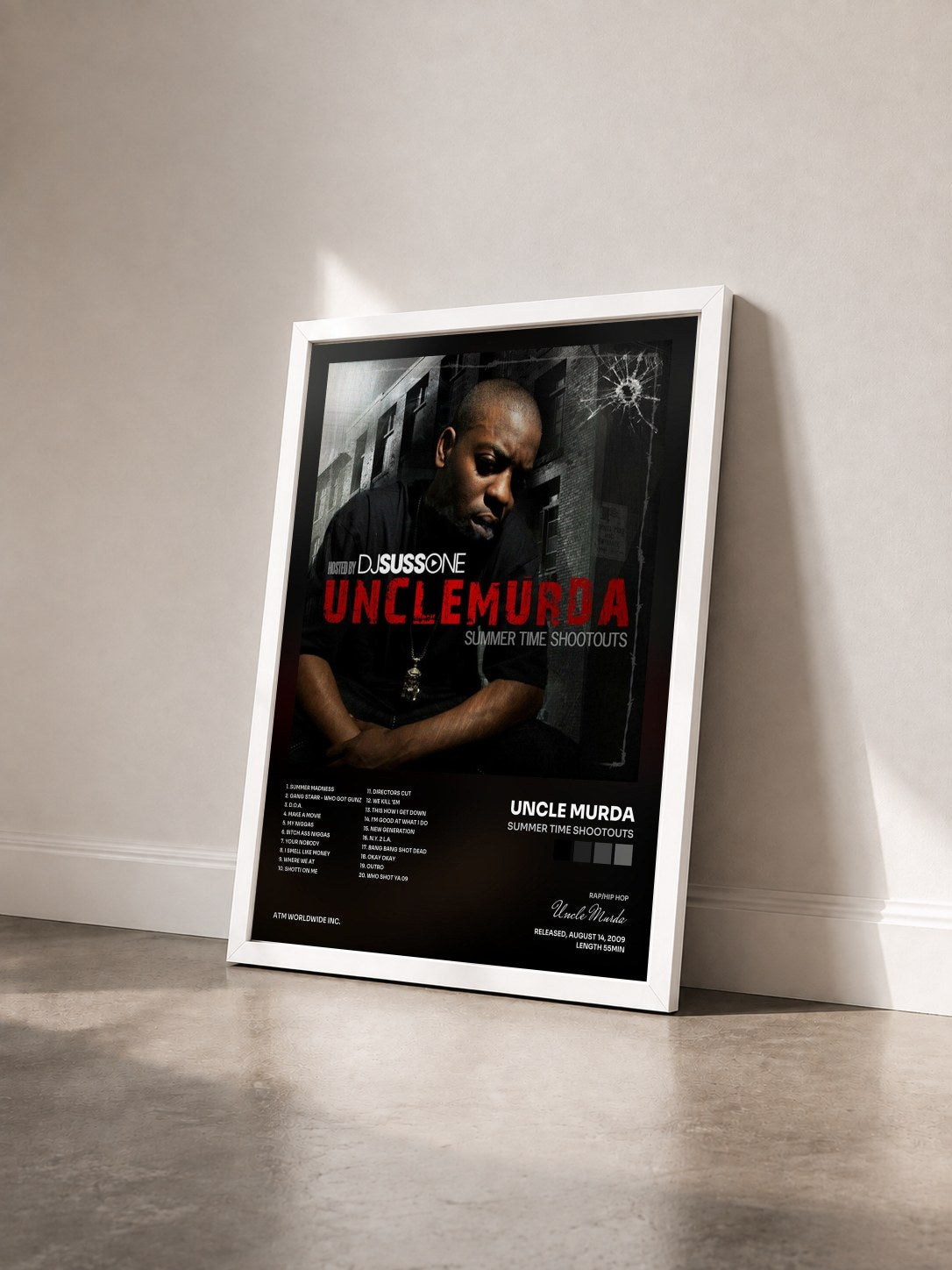 #blanc Tableau de l'album Summer Time Shootouts de Uncle Murda vu de trois quarts, cadre blanc