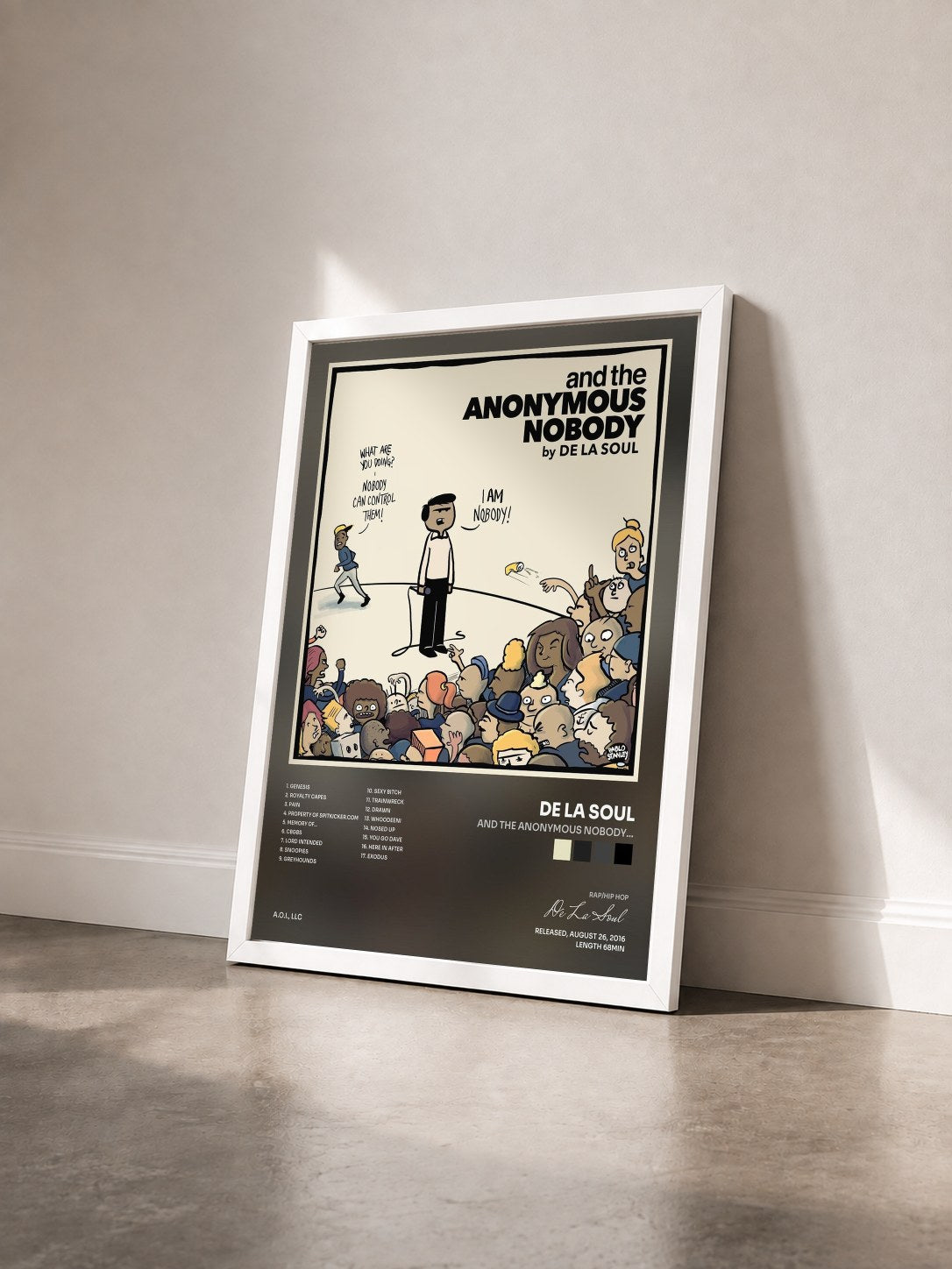 #blanc Tableau de l'album and the Anonymous Nobody... de De La Soul vu de trois quarts, cadre blanc