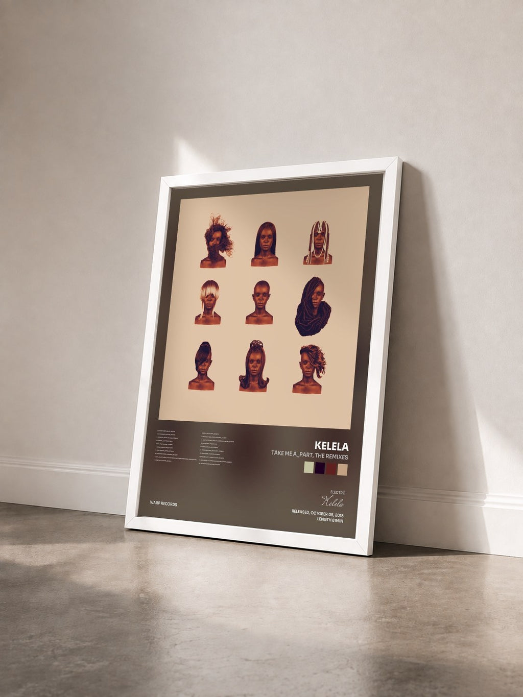 #blanc Tableau de l'album TAKE ME A_PART, THE REMIXES de Kelela vu de trois quarts, cadre blanc