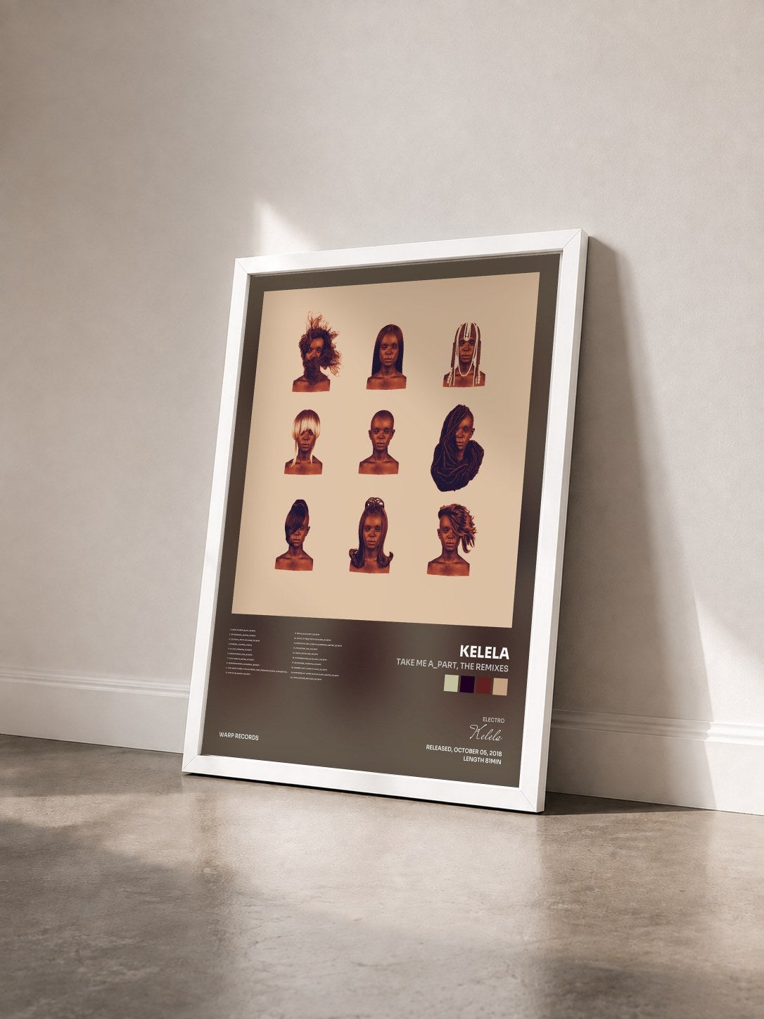 #blanc Tableau de l'album TAKE ME A_PART, THE REMIXES de Kelela vu de trois quarts, cadre blanc