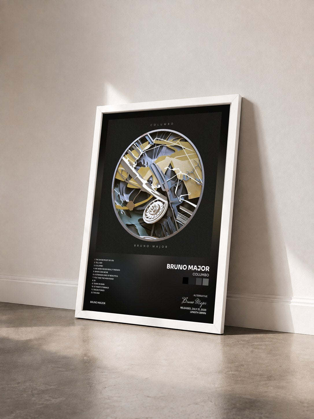 #blanc Tableau de l'album Columbo de Bruno Major vu de trois quarts, cadre blanc
