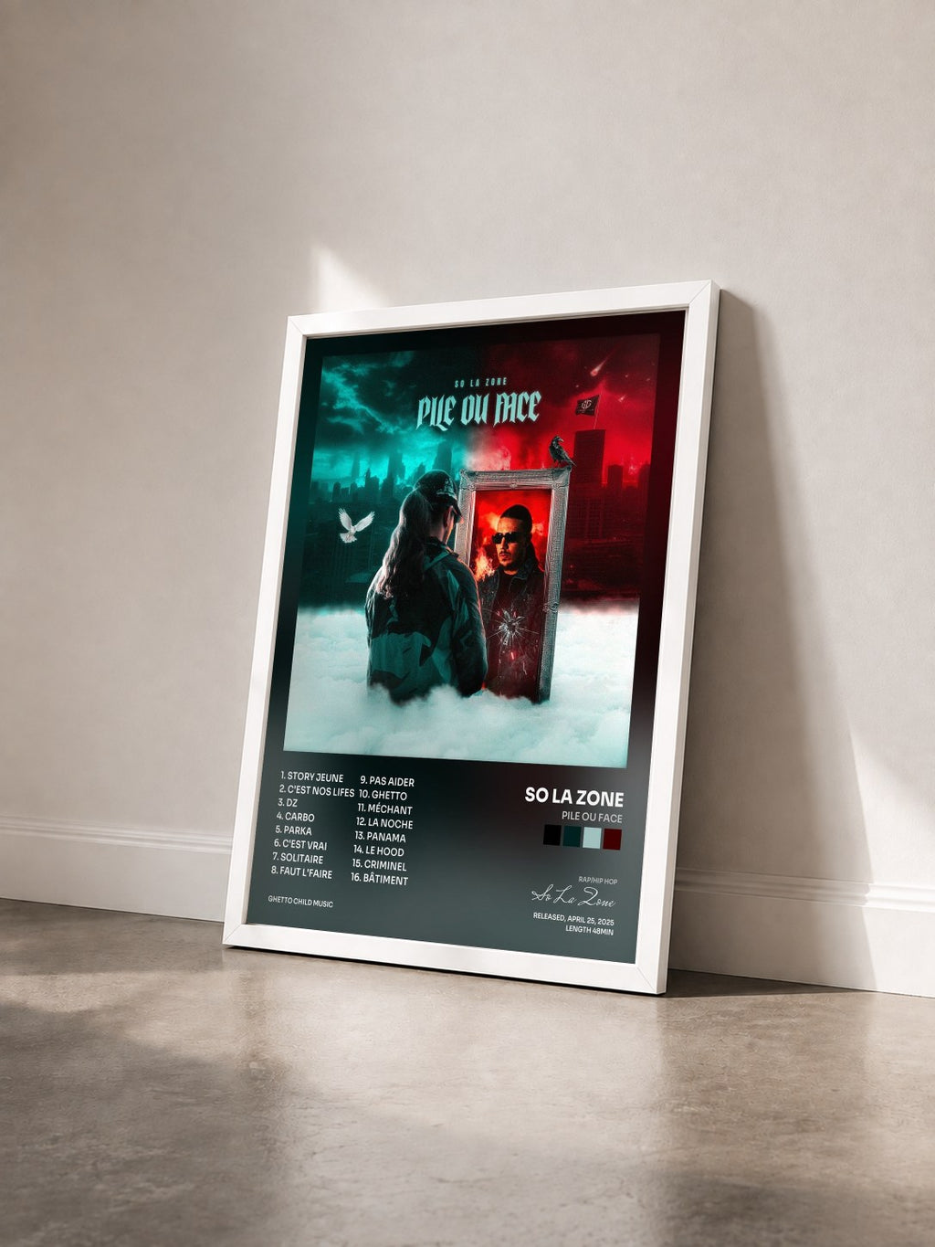 #blanc Tableau de l'album PILE OU FACE de So La Zone vu de trois quarts, cadre blanc