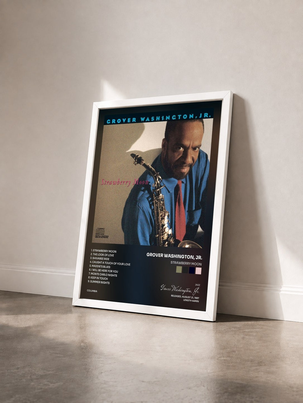 #blanc Tableau de l'album Strawberry Moon de Grover Washington, Jr. vu de trois quarts, cadre blanc