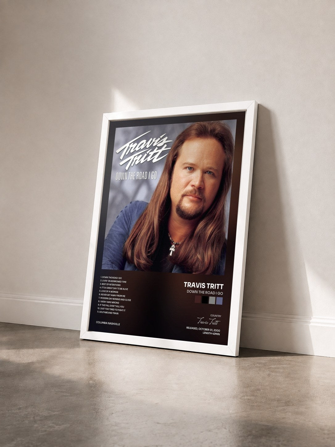 #blanc Tableau de l'album Down The Road I Go de Travis Tritt vu de trois quarts, cadre blanc