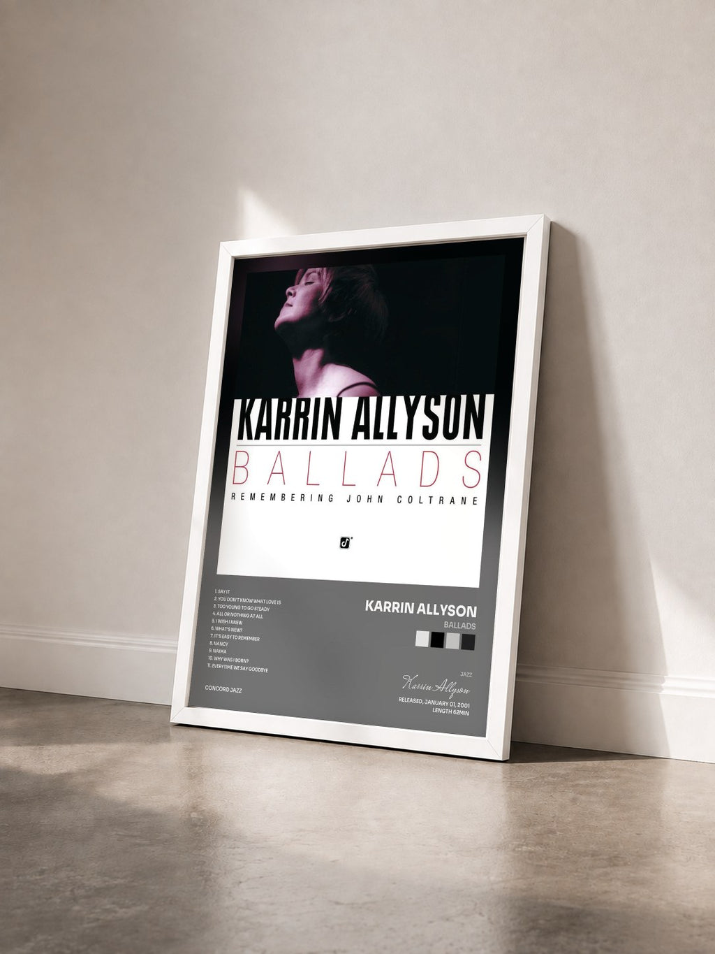 #blanc Tableau de l'album Ballads de Karrin Allyson vu de trois quarts, cadre blanc