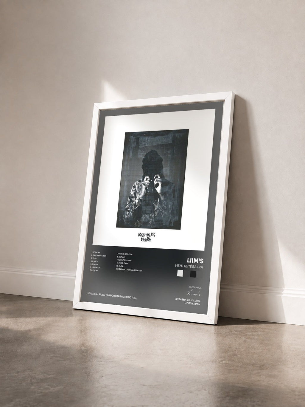 #blanc Tableau de l'album Mentalité Baara de Liim’s vu de trois quarts, cadre blanc