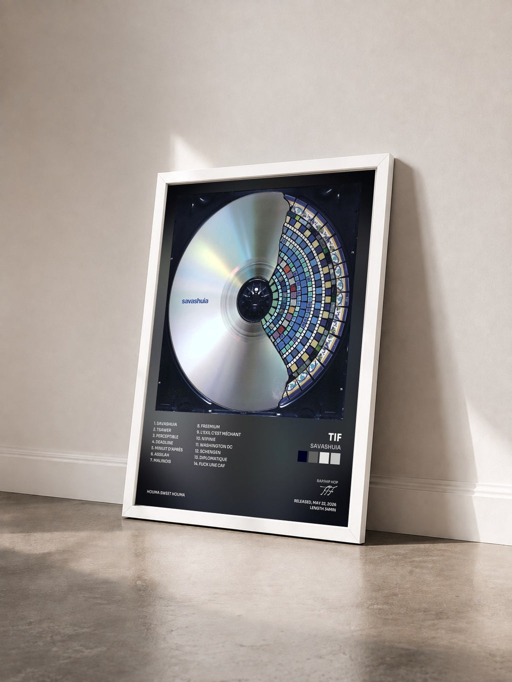 #blanc Tableau de l'album SAVASHUIA de TIF vu de trois quarts, cadre blanc