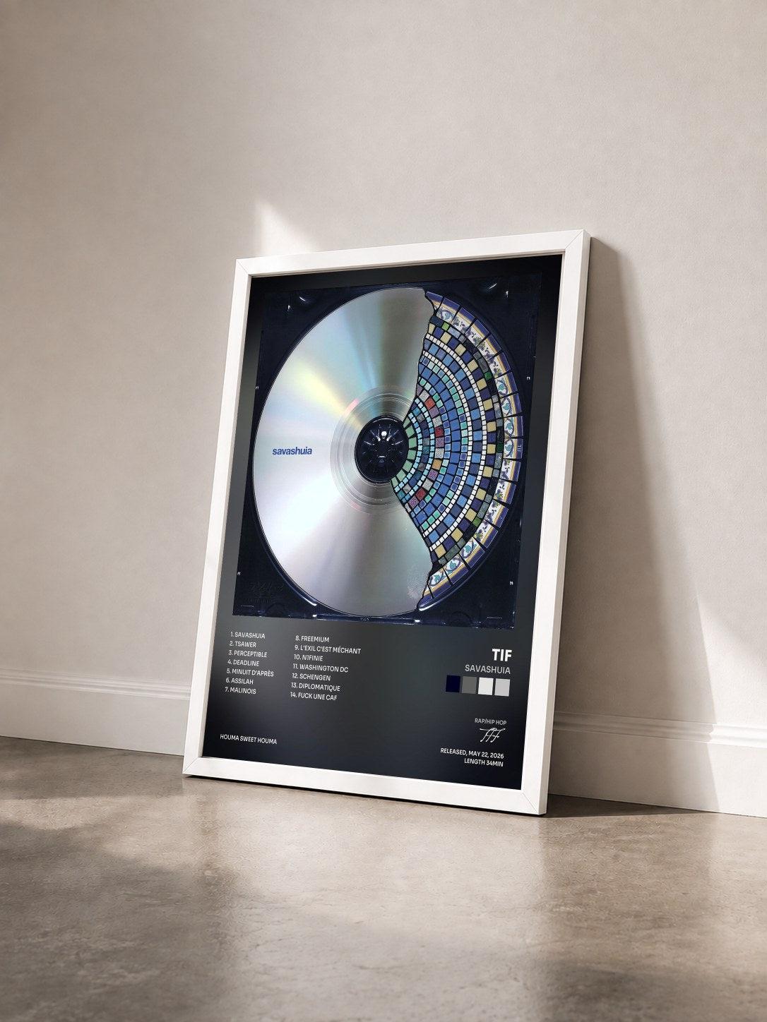 #blanc Tableau de l'album SAVASHUIA de TIF vu de trois quarts, cadre blanc