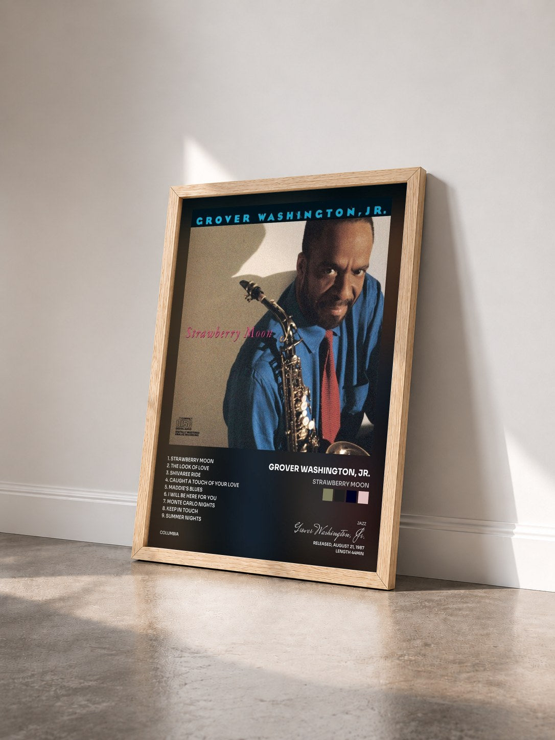 #bois Tableau de l'album Strawberry Moon de Grover Washington, Jr. vu de trois quarts, cadre en bois brut