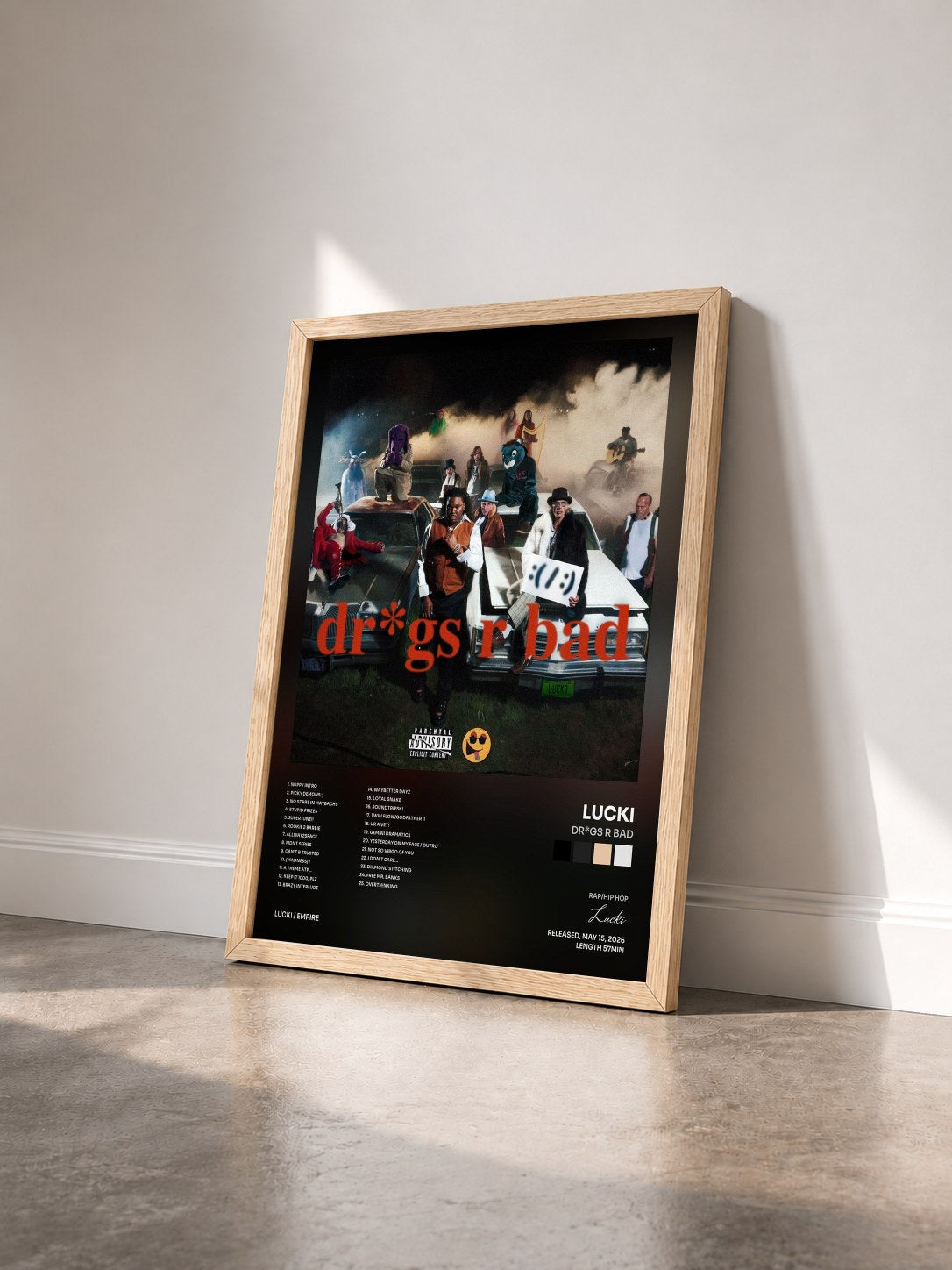 #bois Tableau de l'album Dr*gs R Bad de Lucki vu de trois quarts, cadre en bois brut