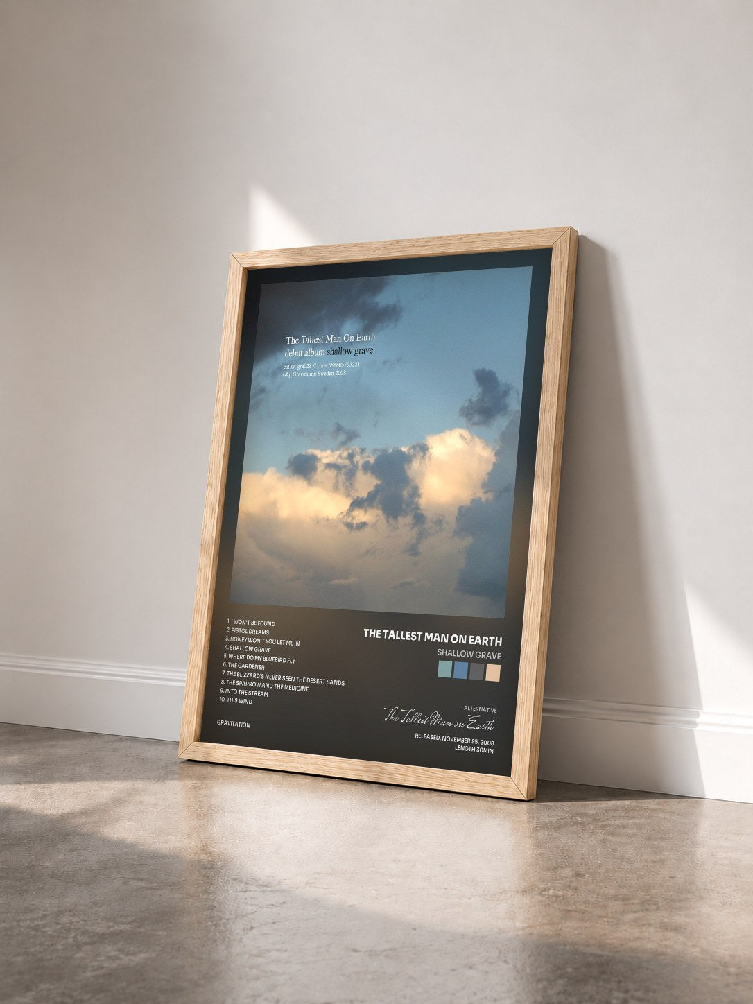 #bois Tableau de l'album Shallow Grave de The Tallest Man on Earth vu de trois quarts, cadre en bois brut