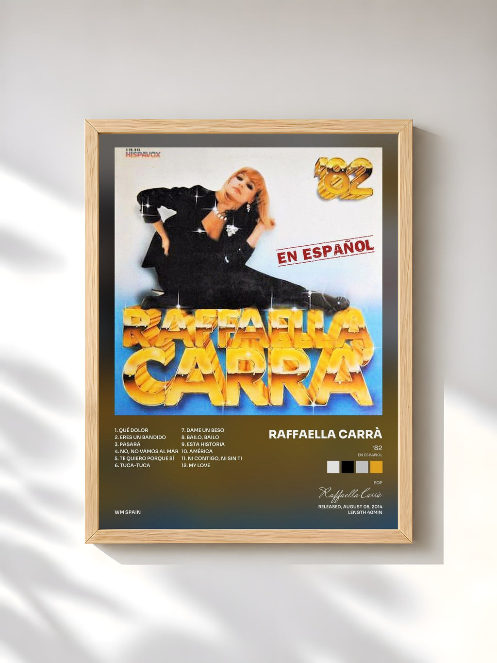 #bois Tableau de l'album '82 (en español) de Raffaella Carrà, cadre en bois brut, imprimé et encadré en France