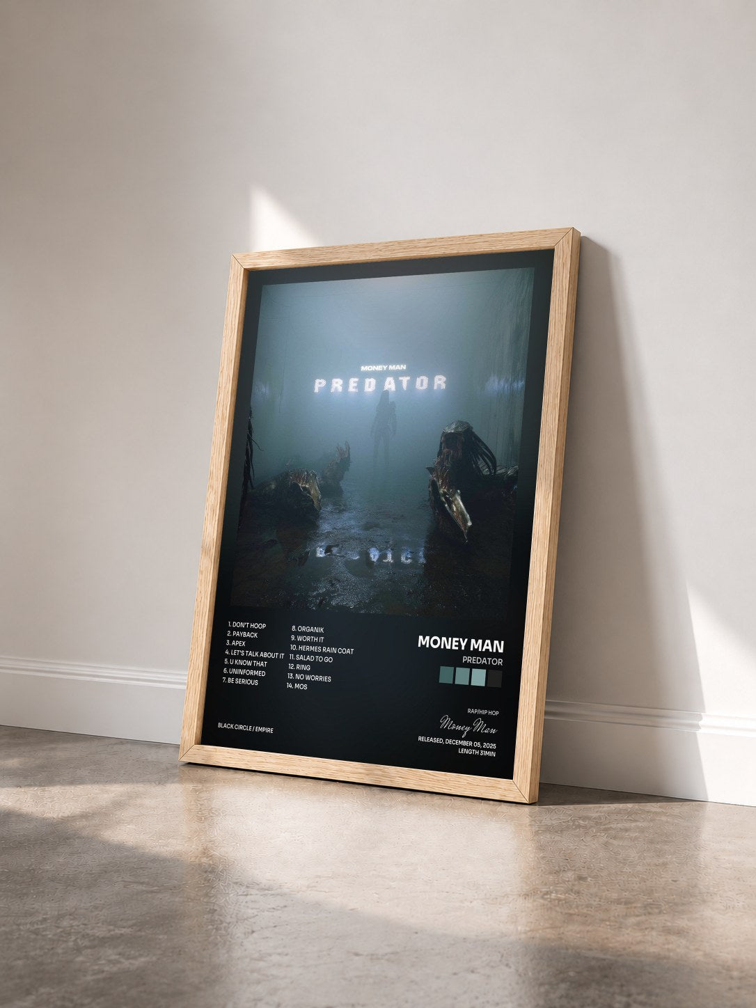 #bois Tableau de l'album Predator de Money Man vu de trois quarts, cadre en bois brut