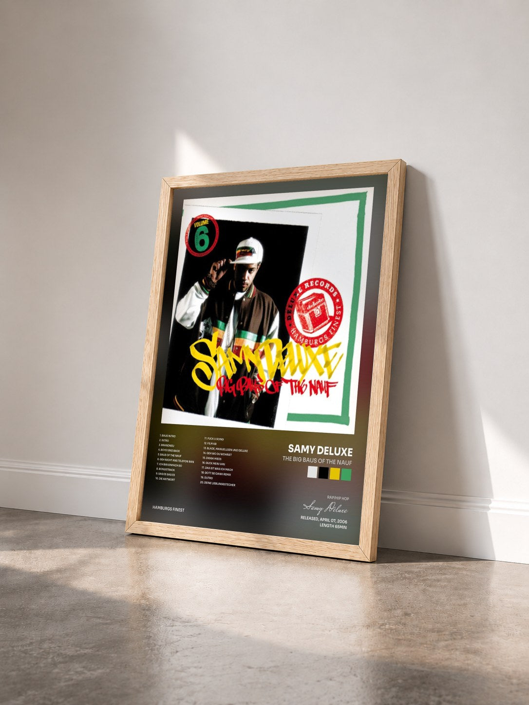 #bois Tableau de l'album The Big Baus of the Nauf de Samy Deluxe vu de trois quarts, cadre en bois brut