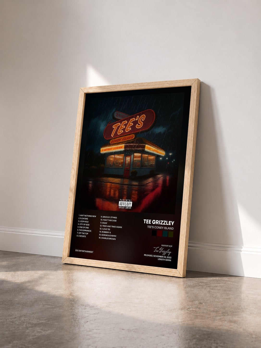 #bois Tableau de l'album Tee's Coney Island de Tee Grizzley vu de trois quarts, cadre en bois brut