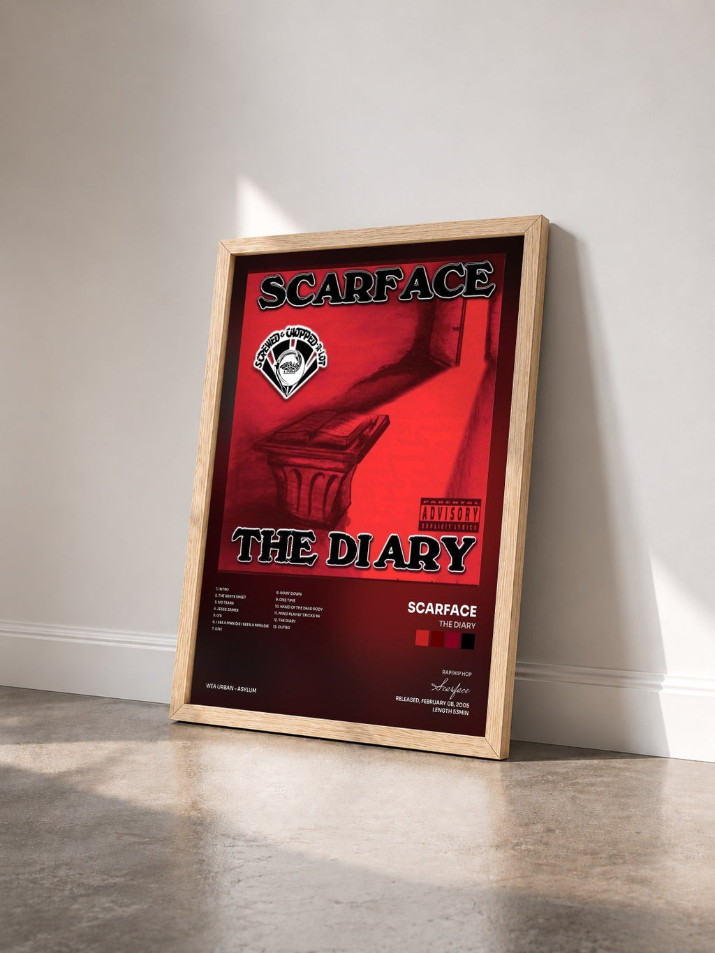 #bois Tableau de l'album The Diary de Scarface vu de trois quarts, cadre en bois brut