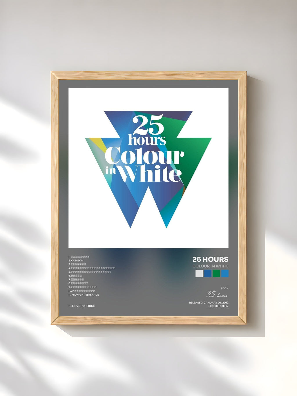 #bois Tableau de l'album Colour In White de 25 hours, cadre en bois brut, imprimé et encadré en France
