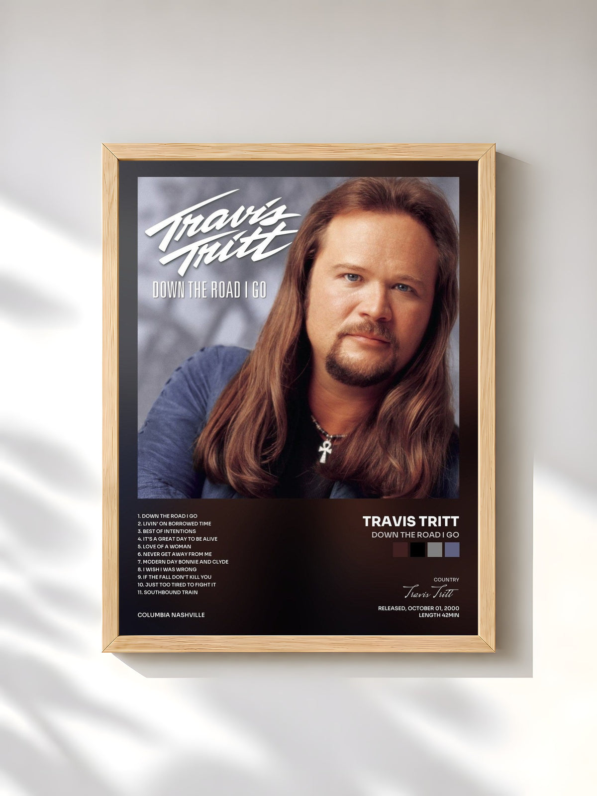#bois Tableau de l'album Down The Road I Go de Travis Tritt, cadre en bois brut, imprimé et encadré en France
