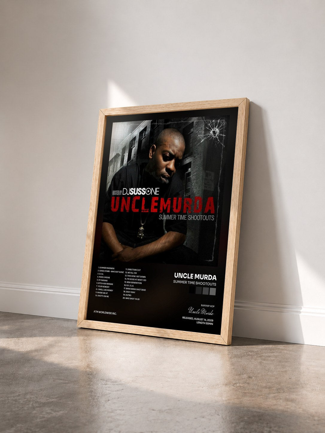 #bois Tableau de l'album Summer Time Shootouts de Uncle Murda vu de trois quarts, cadre en bois brut