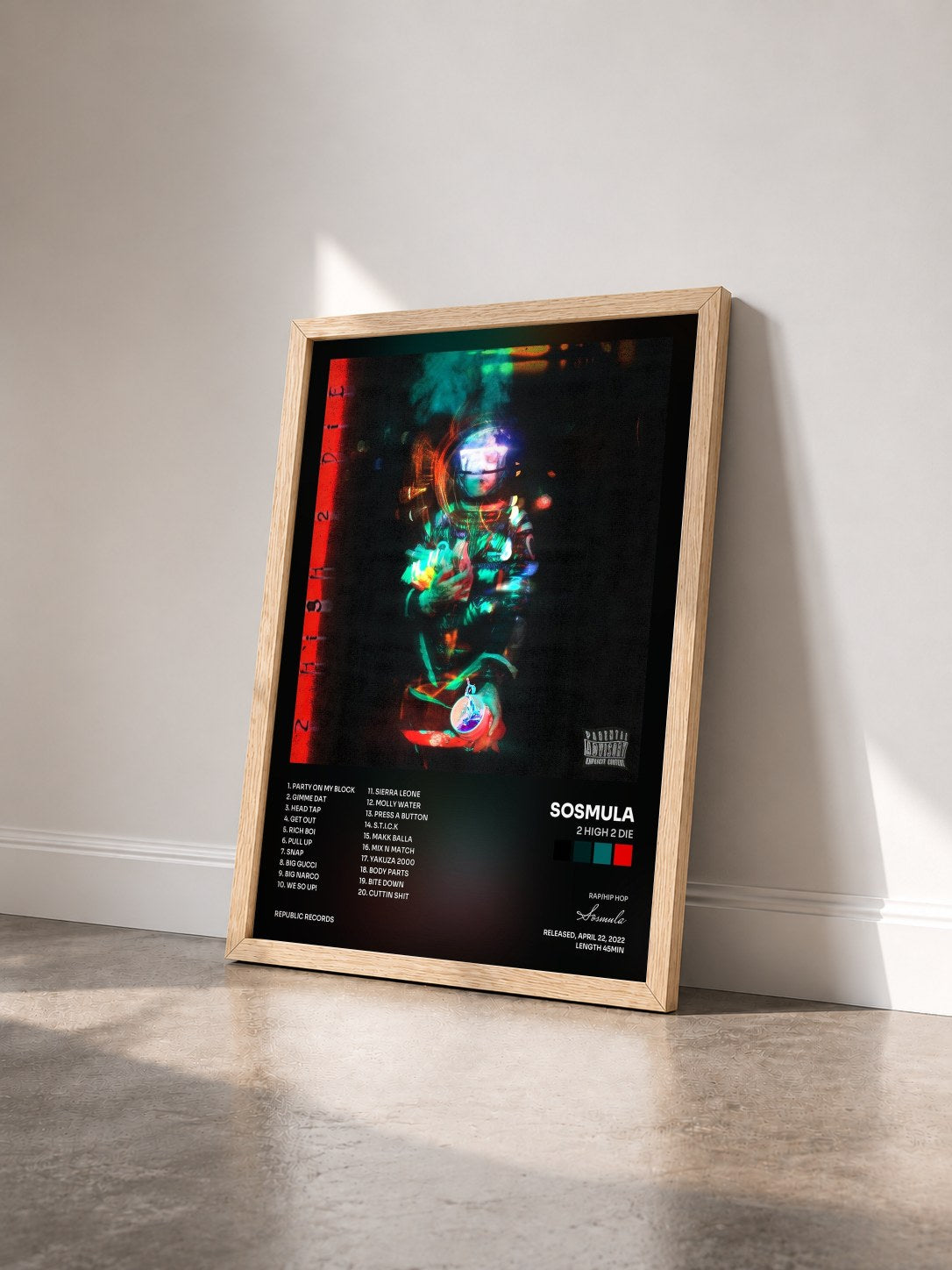 #bois Tableau de l'album 2 HIGH 2 DIE de Sosmula vu de trois quarts, cadre en bois brut