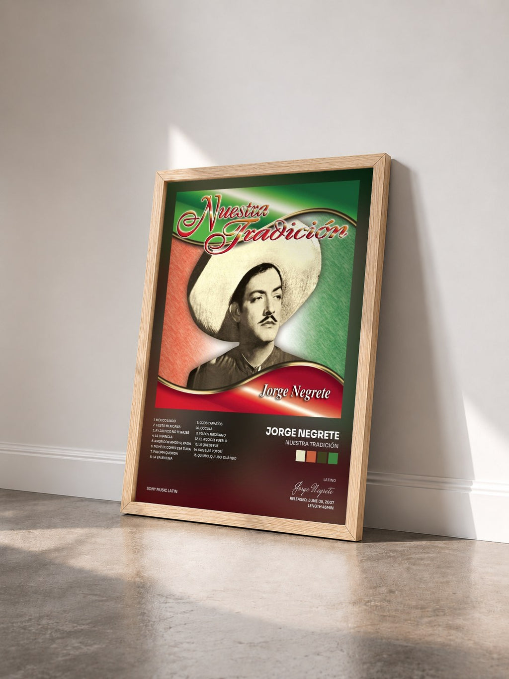 #bois Tableau de l'album Nuestra Tradición de Jorge Negrete vu de trois quarts, cadre en bois brut