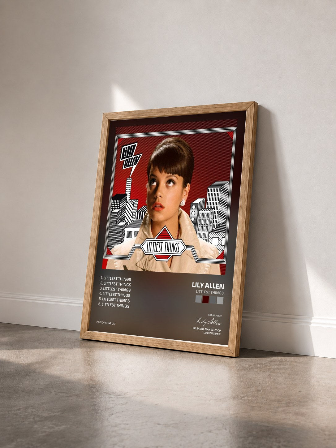 #bois Tableau de l'album Littlest Things de Lily Allen vu de trois quarts, cadre en bois brut
