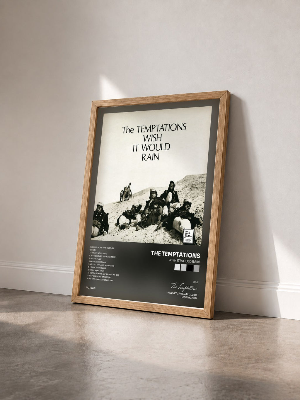 #bois Tableau de l'album Wish It Would Rain de The Temptations vu de trois quarts, cadre en bois brut