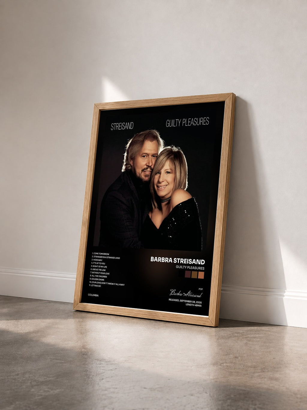 #bois Tableau de l'album Guilty Pleasures de Barbra Streisand vu de trois quarts, cadre en bois brut