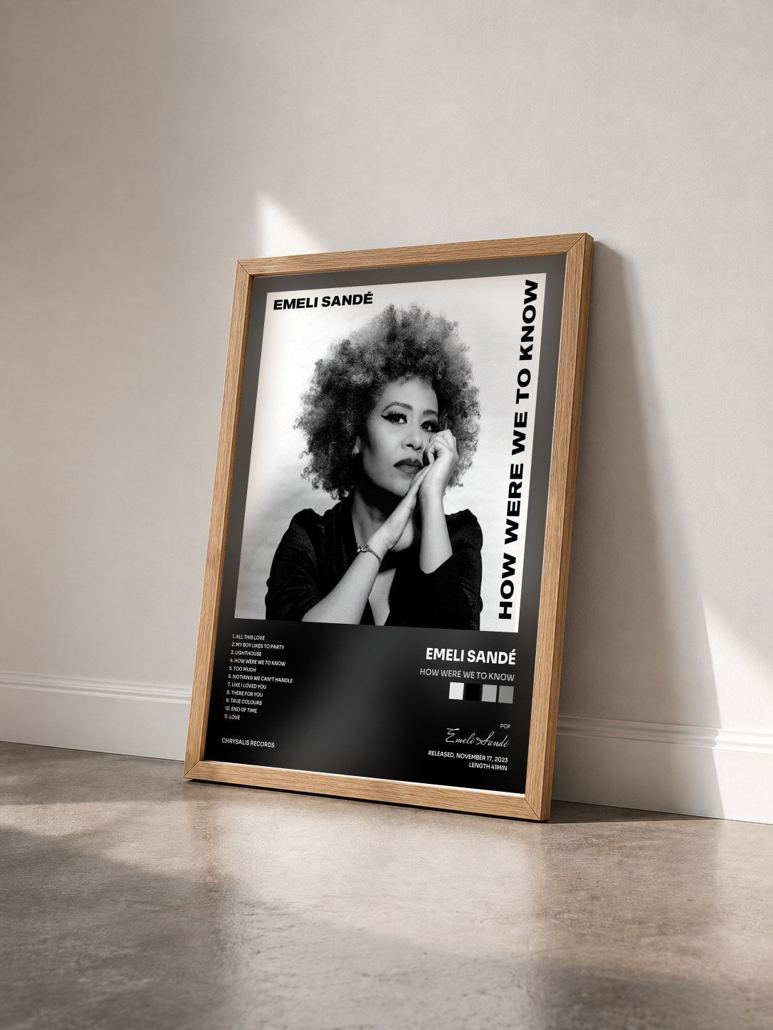#bois Tableau de l'album How Were We To Know de Emeli Sandé vu de trois quarts, cadre en bois brut