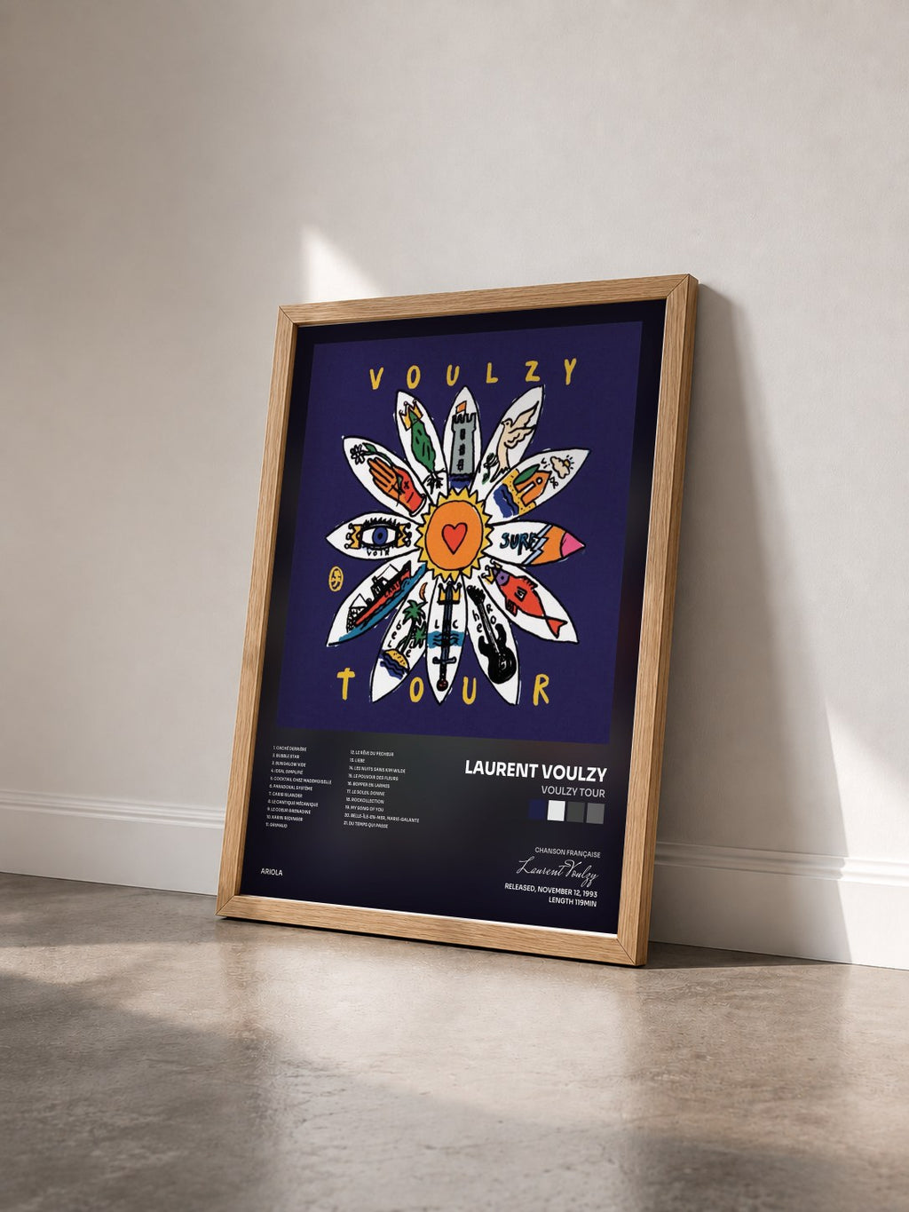 #bois Tableau de l'album Voulzy Tour de Laurent Voulzy vu de trois quarts, cadre en bois brut