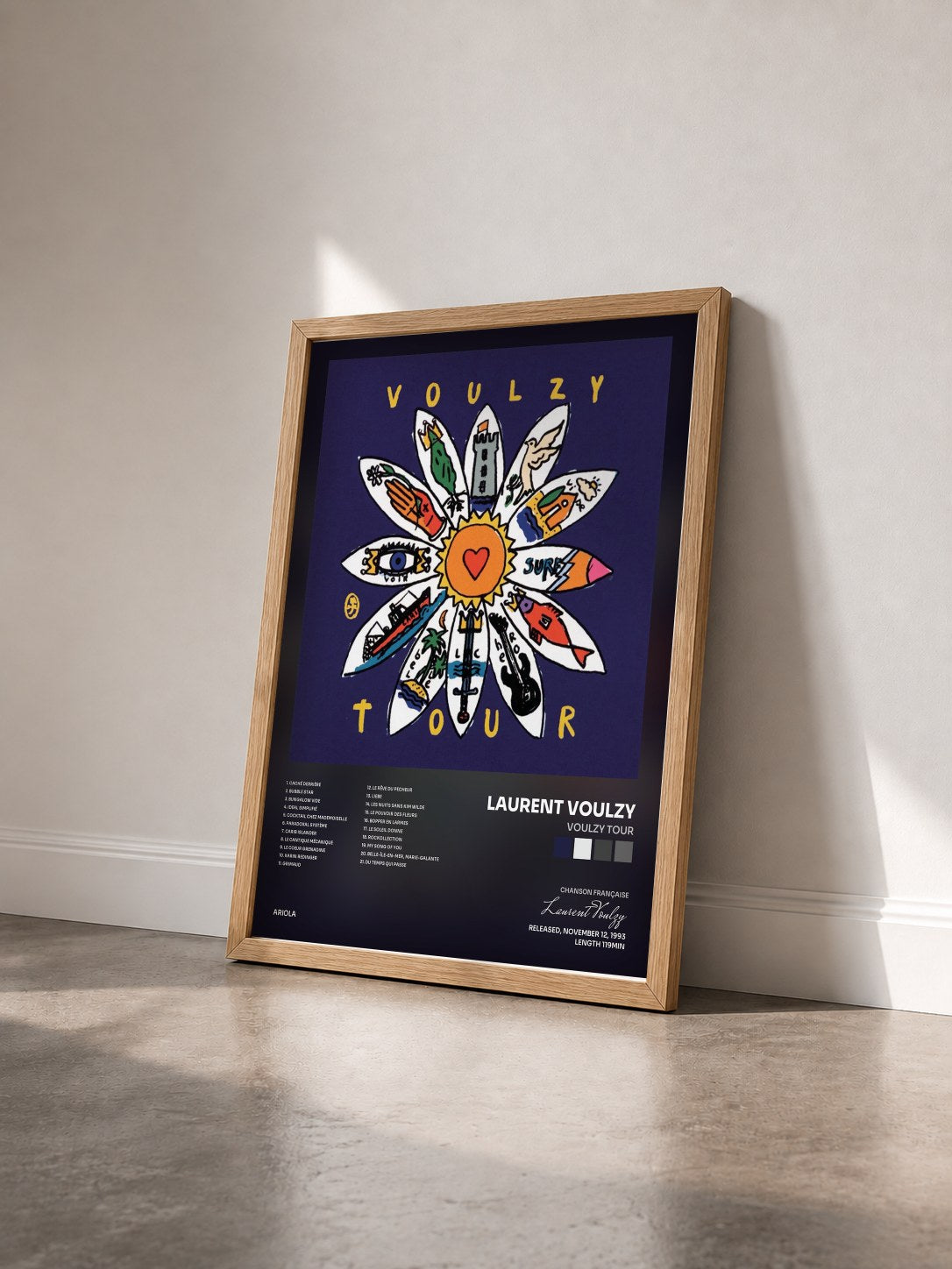 #bois Tableau de l'album Voulzy Tour de Laurent Voulzy vu de trois quarts, cadre en bois brut