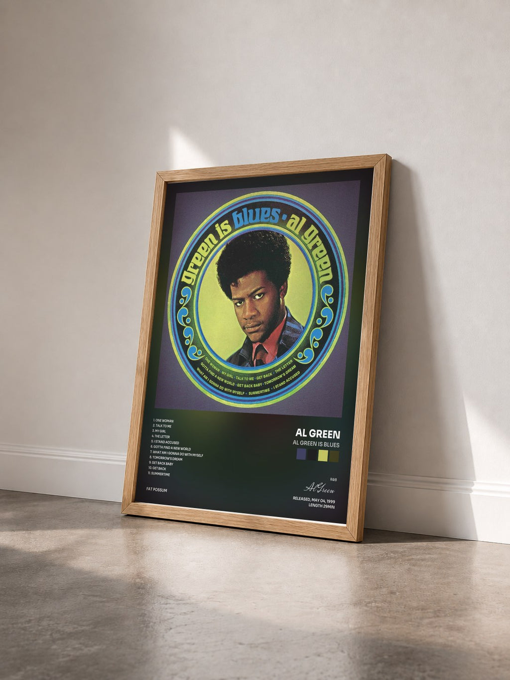 #bois Tableau de l'album Al Green Is Blues de Al Green vu de trois quarts, cadre en bois brut