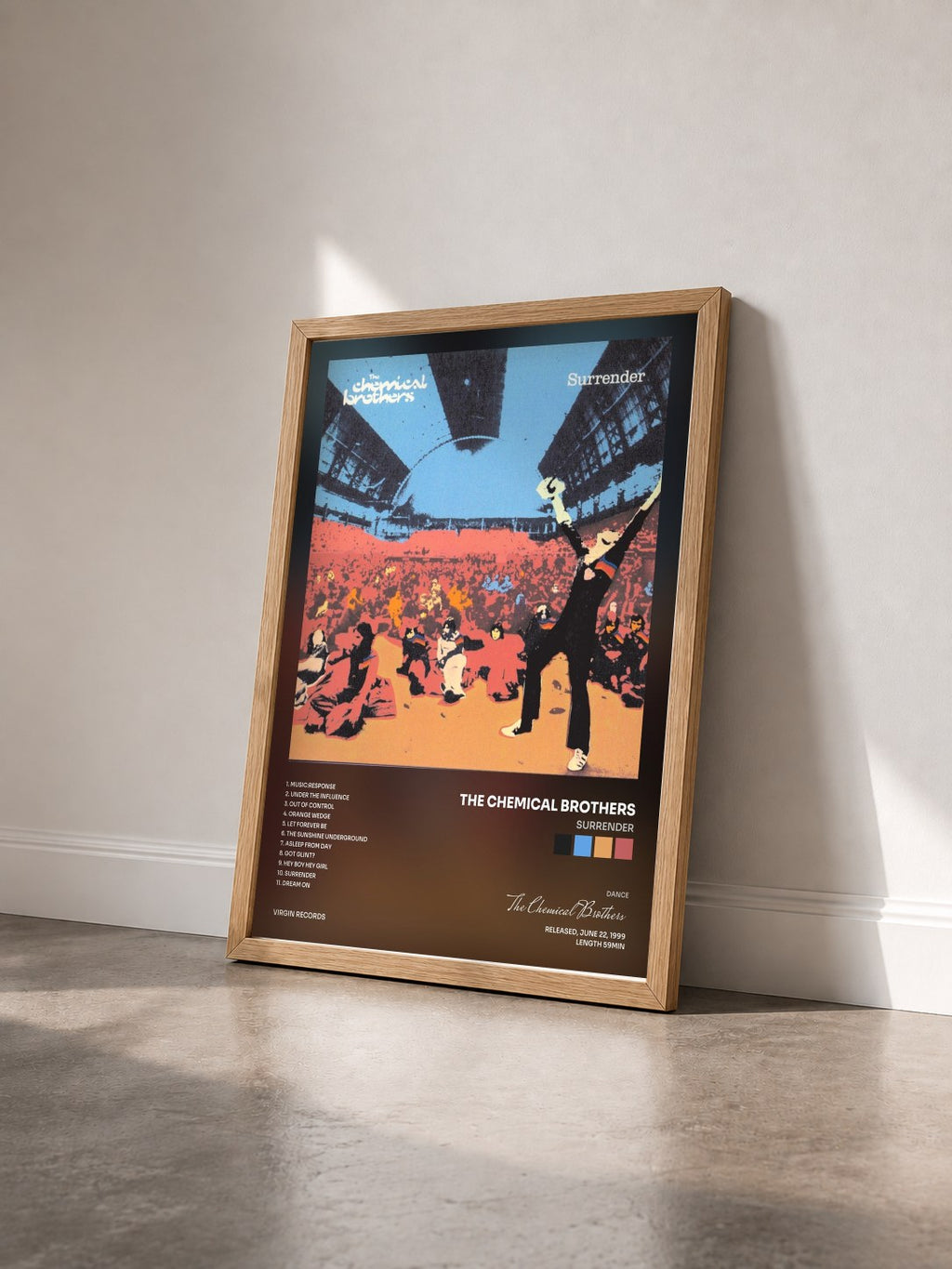 #bois Tableau de l'album Surrender de The Chemical Brothers vu de trois quarts, cadre en bois brut