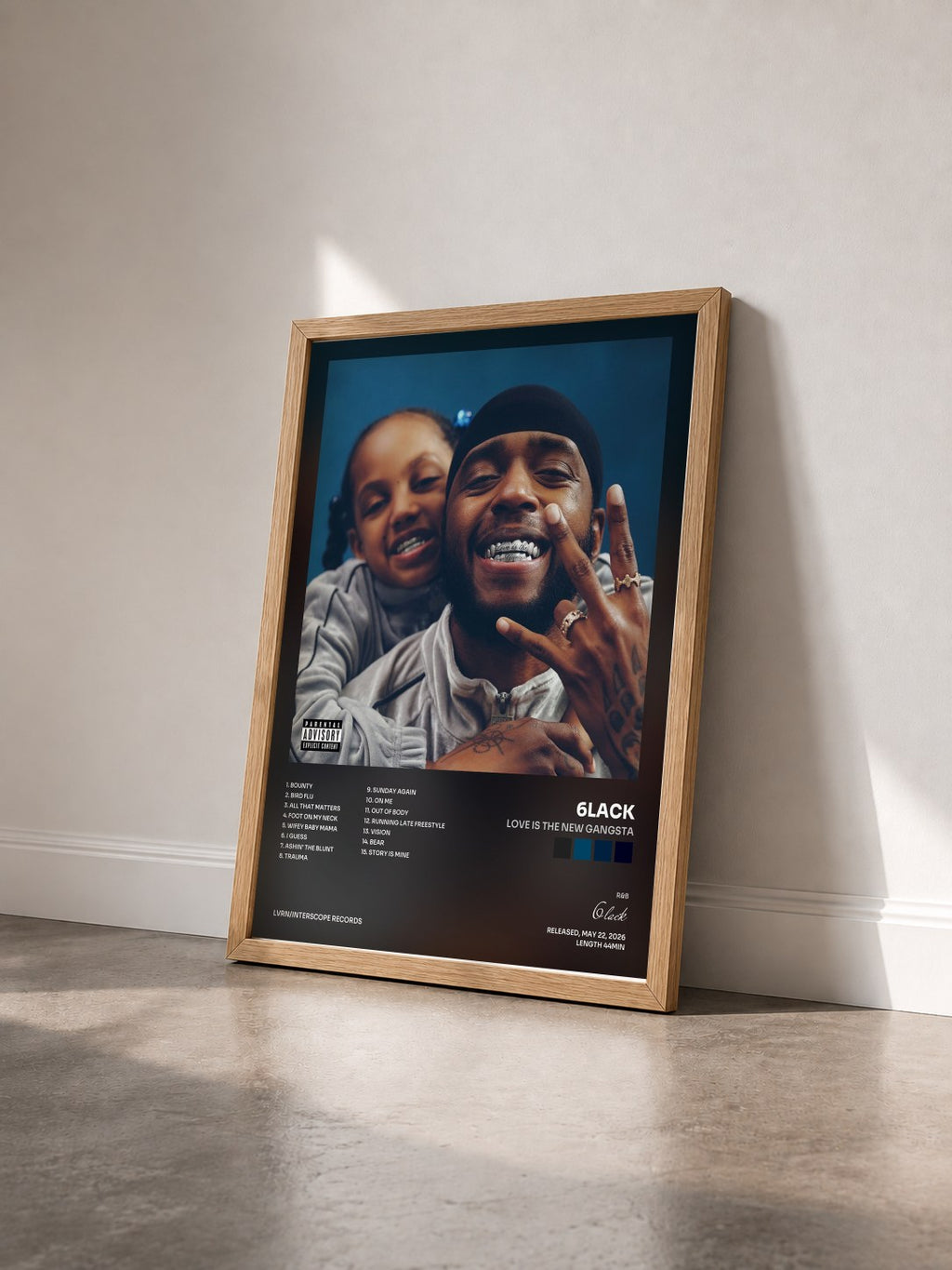 #bois Tableau de l'album Love is the New Gangsta de 6lack vu de trois quarts, cadre en bois brut