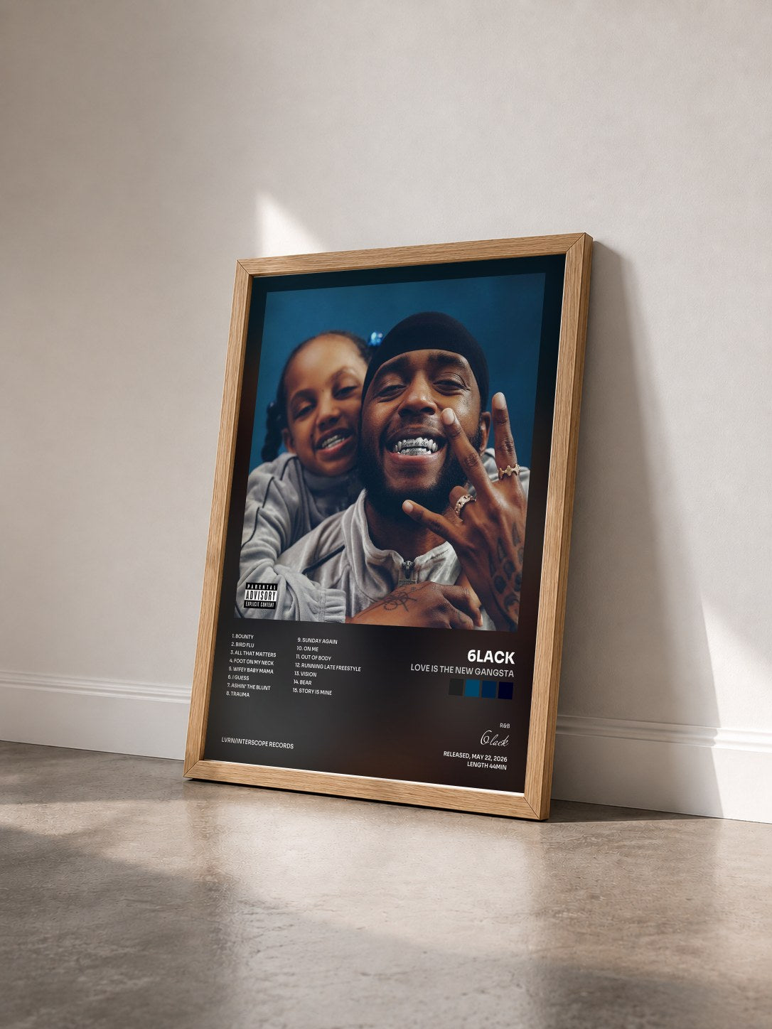 #bois Tableau de l'album Love is the New Gangsta de 6lack vu de trois quarts, cadre en bois brut