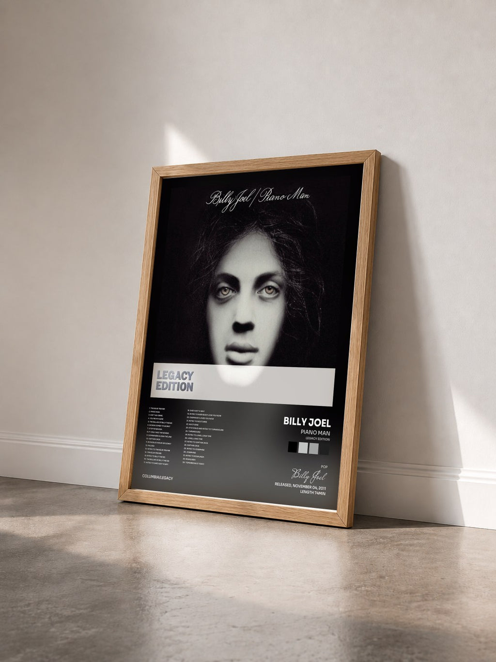#bois Tableau de l'album Piano Man (Legacy Edition) de Billy Joel vu de trois quarts, cadre en bois brut