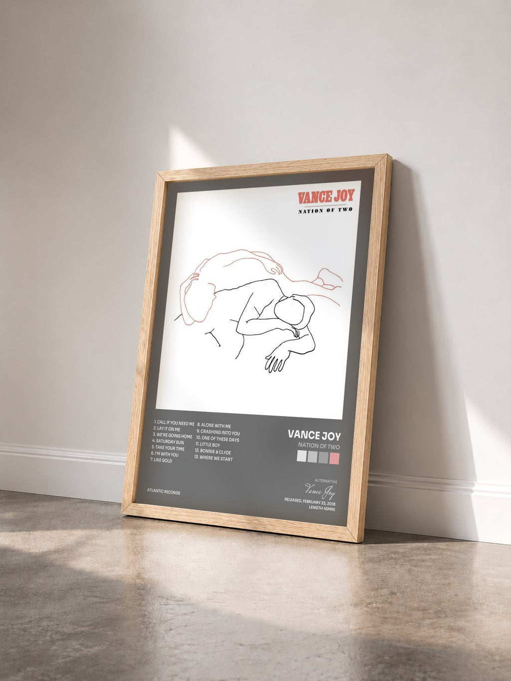 #bois Tableau de l'album Nation of Two de Vance Joy vu de trois quarts, cadre en bois brut