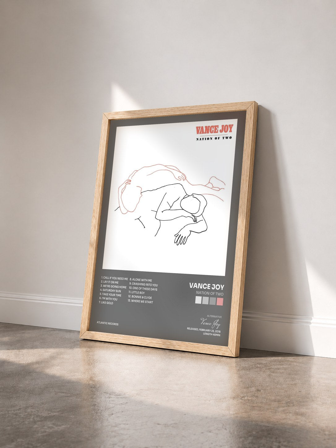 #bois Tableau de l'album Nation of Two de Vance Joy vu de trois quarts, cadre en bois brut